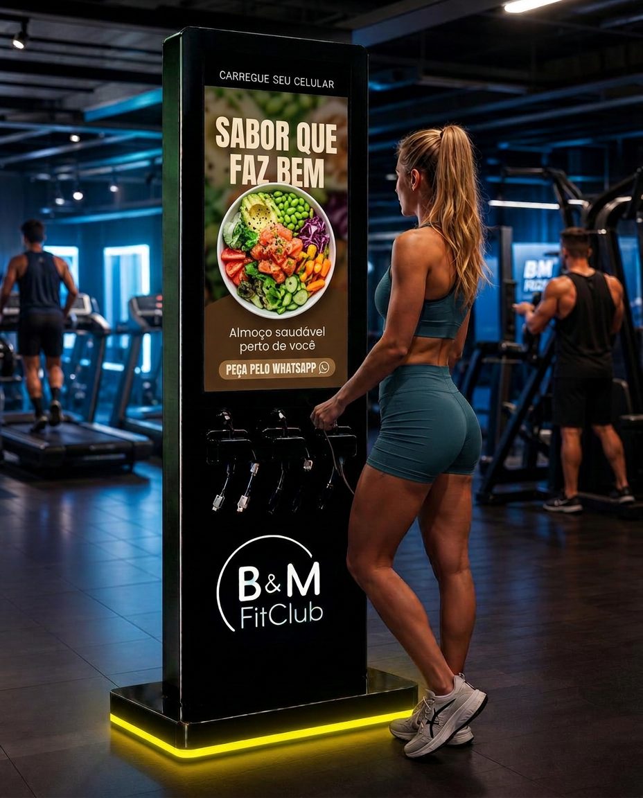 Simulação de anúncio de alimentação saudável no totem da B&M FitClub