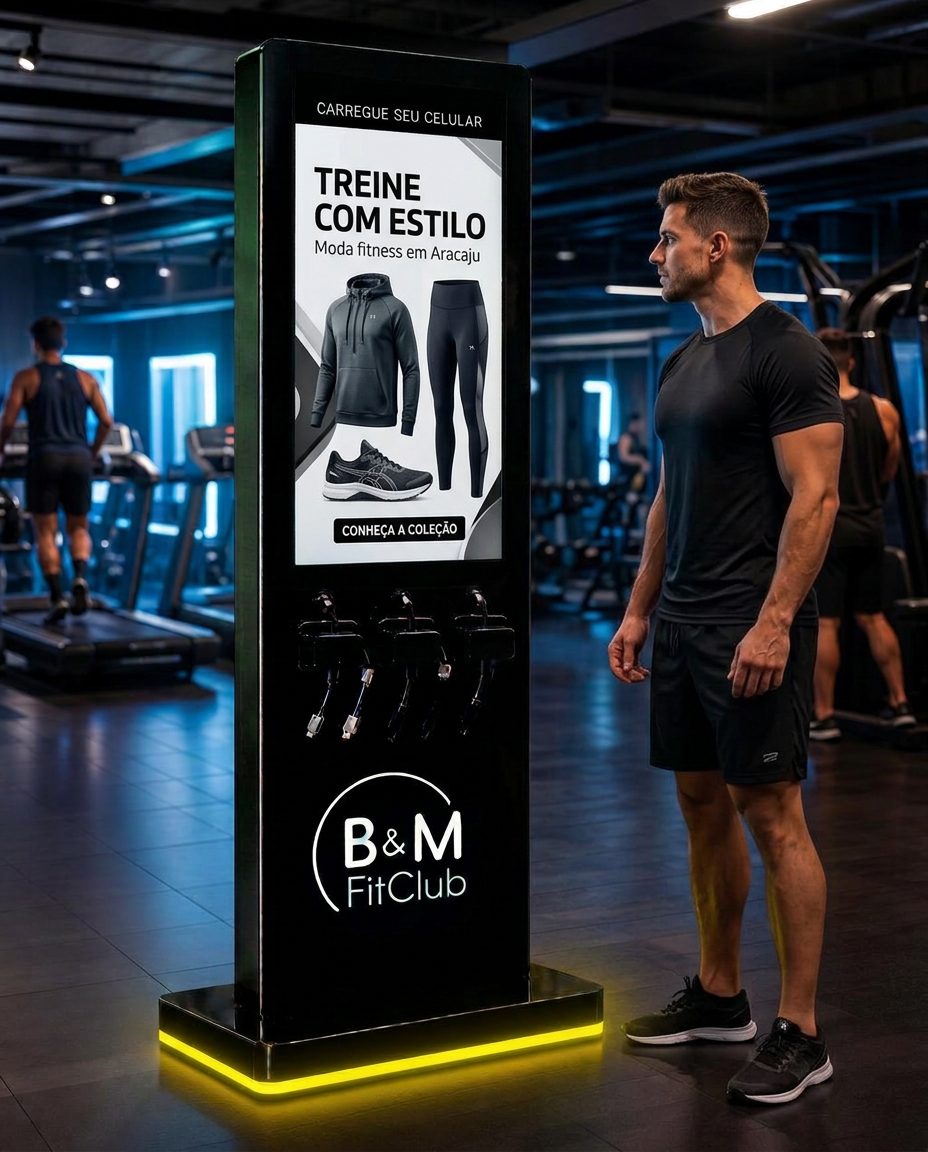 Simulação de anúncio de moda fitness no totem da B&M FitClub